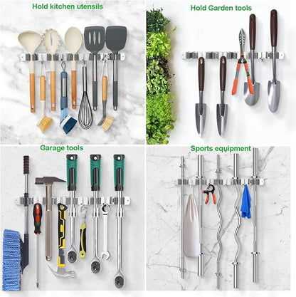 voze 3 Racks and 4 Hooks Mop and Broom Holder Wall Mount, Self Adhesive Heavy Duty Broom Organizer Storage Tool Racks for Kitchen Garden Laundry Garage