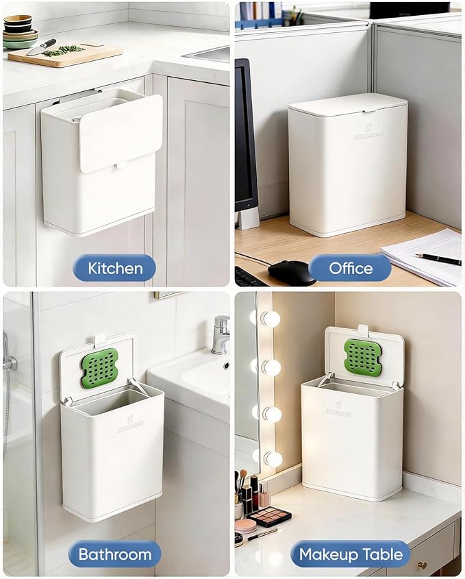 Kitchen Compost Bin, 8L/2.1G Small Trash Can with Lid, Slim Stainless Steel Hanging Garbage Bin for Kitchen, Bathroom, Bedroom, Office, Wall Mounted Compost Bin with Inner Bucket, White