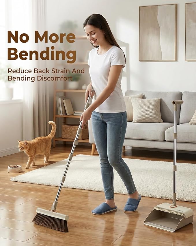 INDCAN Broom and Dustpan Set for Home, 54 Inch Long Handle Upright Broom, Rotatable Broom Head with Magnetic Mount & Self-Cleaning Teeth Comb, Indoor Floor Sweeping Set (Santra Pro) - Sandstone Beige