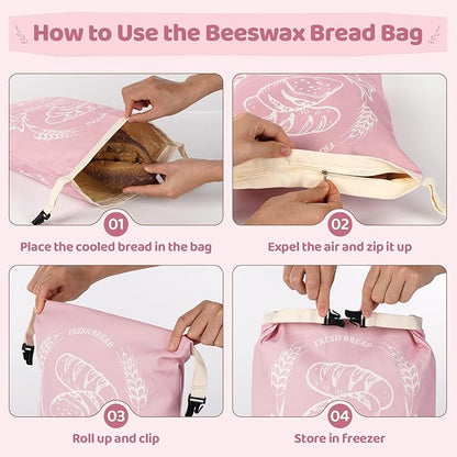 2 Pack Beeswax Bread Bags with Zipper, XL(13x17in) Sourdough Bread Storage for Homemade, Freezer Storage Bag to Keep Fresh, Cotton Beeswax Container, Baguette Bag with Liner, Kitchen Baking (Pink)