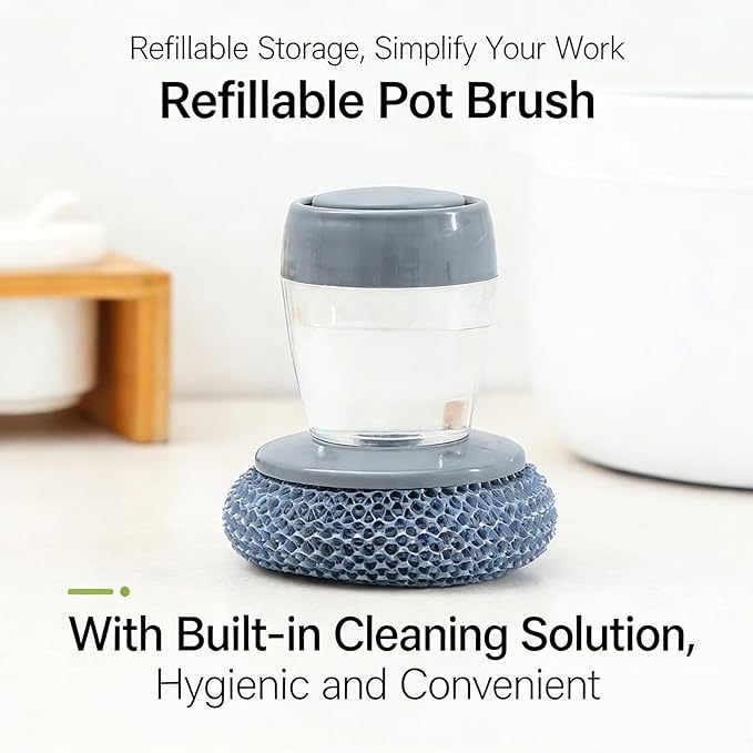 Comfort Grip Soap Dispensing Kitchen Scrub, Press-Type Dish Brush with Soap Dispenser, Replaceable Nylon Bristles, for Dishes Pots Pans Sinks Household Cleaning (1 Set)
