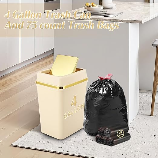 3 Pack Bathroom Trash Can with Lid 4 Gallon Small Trash Can with Swing Lid Bathroom Garbage Can with 225 Counts Trash Bags for Kitchen Bedroom Office(Black White Beige)
