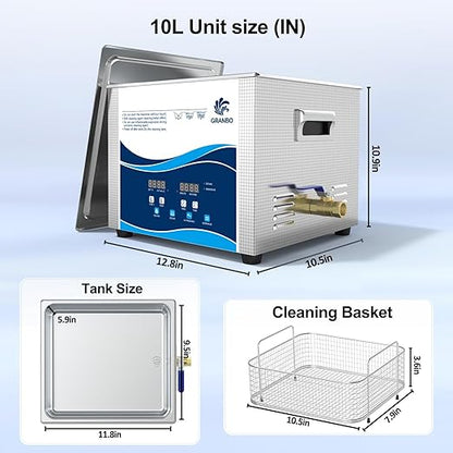Granbo Ultrasonic Machine 10L 240W Jewelry Cleaner Ultrasonic Machine 40kHz with Heater Timer and Degassing,110V Digital Ultrasonic Jewelry Cleaner for Jewelry Glass Eyeglass Dental Parts Cleaning