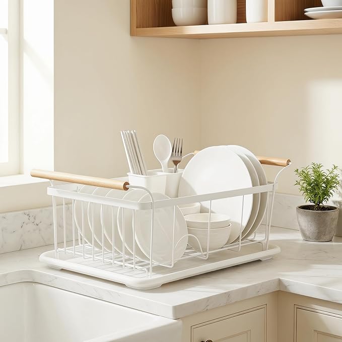 Dish Racks for Kitchen Counter, Thickened Metal Dish Drying Rack with Wooden Handles, Kitchen Countertop Organizer for Dishes, Spoons and Forks, No Assembly, White, 18.7''*12.6''*5.51''