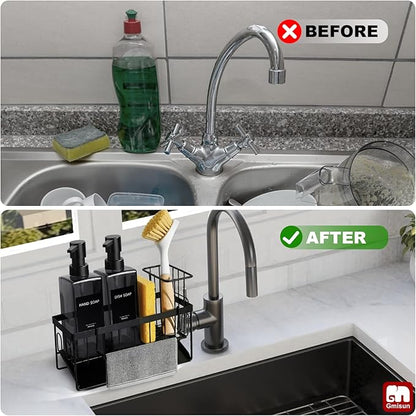 GMISUN Dish Soap Dispenser for Kitchen, 12 fl oz / 350 ml Dual Kitchen Soap Dispensers with Sponge Holder, Transparent Black Glass Kitchen Soap Dispenser Set, Modern Hand and Dish Soap Bottle Set