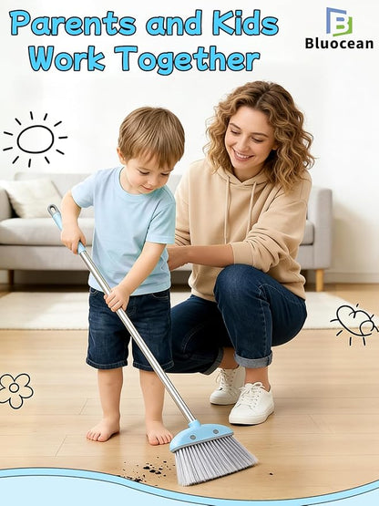 28'' Kids Mini Broom with Dustpan & Mop Set - Toddler Cleaning Toy, Toddler Household Helper, Parent-Child Interactive Play Cleaning Tool, Cute Cartoon Design, Small Safe Corner Broom (Blue)
