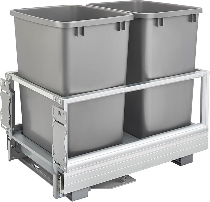 Rev-A-Shelf Double 35 Qt Pullout Trash Can with Soft Close for Base Kitchen Cabinets, Min Opening Width of 14.5", Silver, 5149-18DM-217
