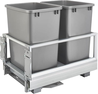 Rev-A-Shelf Double 35 Qt Pullout Trash Can with Soft Close for Base Kitchen Cabinets, Min Opening Width of 14.5", Silver, 5149-18DM-217