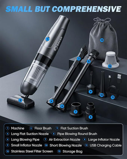 Saker Small Handheld Vacuum Cleaner, Car Detail Vacuum Cleaner Cordless with Brushless Motor and Steel Filter for Gifts, Cars,Bedrooms,Offices Cleaning HL109B