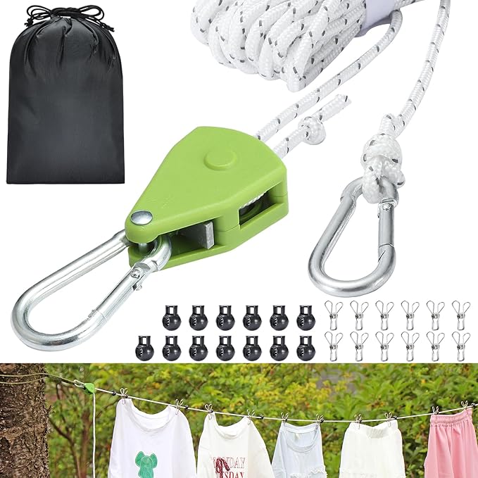 Retractable Travel Clothesline, 19FT Adjustable Heavy-Duty Line with Reflective Pulley System, Stainless Hooks & Clips – Portable for Camping, Cruise, Hotel, Balcony & Outdoor Laundry (Green)