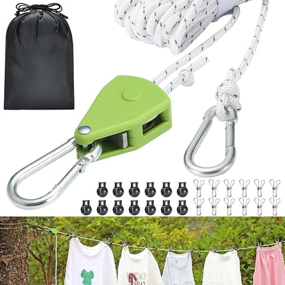 Retractable Travel Clothesline, 19FT Adjustable Heavy-Duty Line with Reflective Pulley System, Stainless Hooks & Clips – Portable for Camping, Cruise, Hotel, Balcony & Outdoor Laundry (Green)