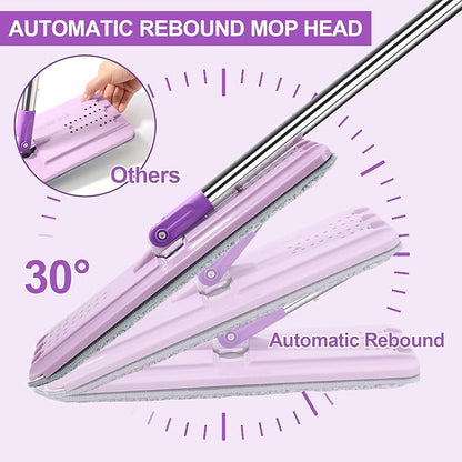 BOSHENG Mop and Bucket with Wringer Set, Hands Free Flat Floor Mop and Bucket, 5 Washable Microfiber Pads Included, Wet and Dry Use, Home Floor Cleaning System for All Floor Types and Windows,Purple