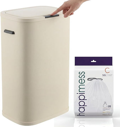 happimess HPM1017D Tammi Kitchen 14.5-Gallon Slim Metal Push Button Trash Can, Fingerprint Resistant, Modern, Minimalistic for Home, Kitchen, Laundry Room, Office, Bedroom, Bathroom, Limestone Beige