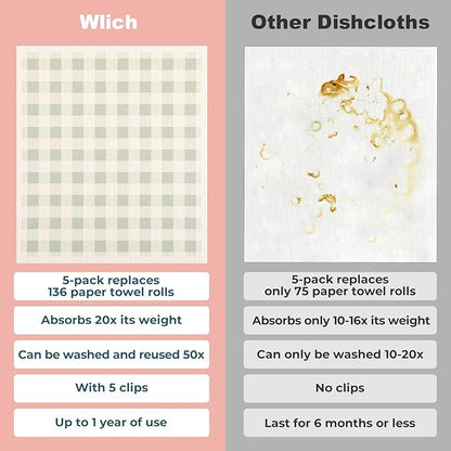 wlich 5PCS Swedish Dishcloths for Kitchen, Reusable Dish Rags for Washing Dishes with Clips, Non-Scratch Kitchen Towels and Dishcloths Sets, Washable Swedish Dish Cloths, No Odor(Grid)