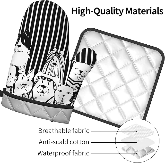 Dog Pot Holders and Oven Mitts - Black Cooking Gloves Hot Pads for Kitchen Fun Chef Gifts for Cooking Lover Cooks