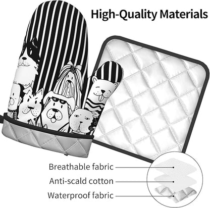Dog Pot Holders and Oven Mitts - Black Cooking Gloves Hot Pads for Kitchen Fun Chef Gifts for Cooking Lover Cooks