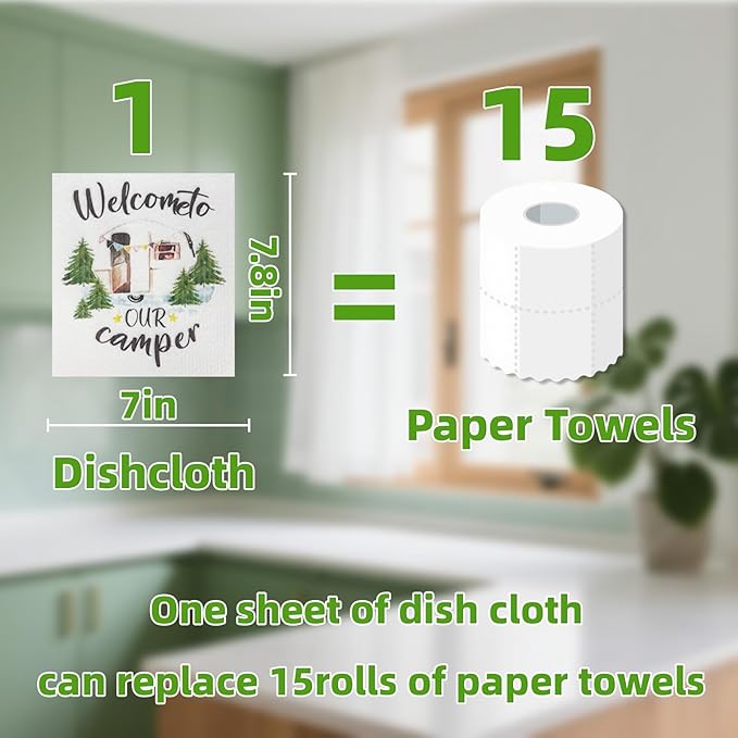 Kitchen Towels Swedish Dishcloths - 6 Count Reusable Paper Towels, Ultra Absorbent Odor Free Eco Friendly Biodegradable Cleaning Rags, (Camp)