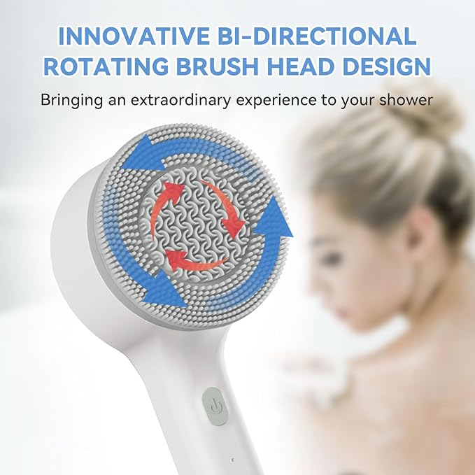 Electric Body Scrubber with Long Handle Cordless Rechargeable Shower Brush for Back Scrubbing and Exfoliating IPX7 Waterproof Vibration Silicone Bath Brush