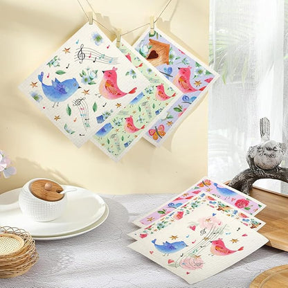 Swedish Dishcloths for Kitchen | 6 Pack Floral Reusable Paper Towels Washable | Swedish Dish Towels | Non-Scratch Cellulose Sponge Cloths | No Odor, Biodegradable Cleaning Cloths, Colorful Birds