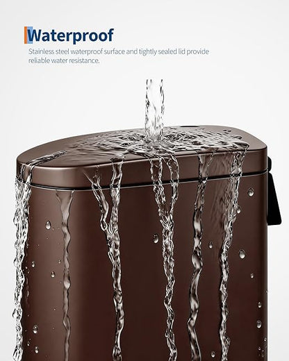 GarveeHome 2.6 Gallon Bathroom Trash Can, Space-Saving Slim Stainless Steel Step-On Garbage Bin with Soft Close Lid, Removable Inner Bucket for Bathroom & Bedroom,Brown