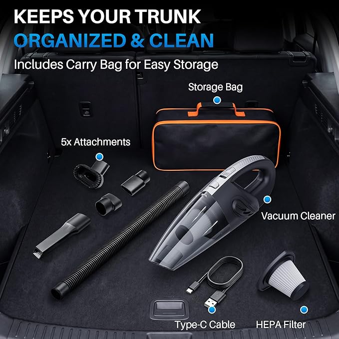 Handheld Cordless Car Vacuum Cleaner, 15000PA Powerful Suction Hand Held Cleaner Rechargeable, Portable Hand Vacuum with Multi-Nozzle, Washable Filter & Storage Case for Home, Office, Car, Pets