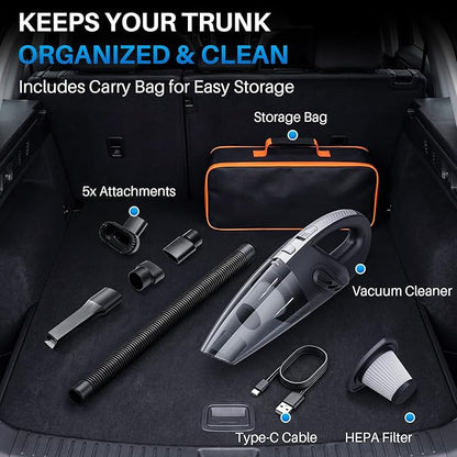 Handheld Cordless Car Vacuum Cleaner, 15000PA Powerful Suction Hand Held Cleaner Rechargeable, Portable Hand Vacuum with Multi-Nozzle, Washable Filter & Storage Case for Home, Office, Car, Pets