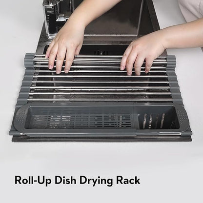 Roll Up Dish Drying Rack Over The Sink, 304 Stainless Stee Dish Drainer, Foldable & Adjustable Sink Drying Rack for Kitchen Sink Counter with Utensil Holder (Gray, Roll Up,Medium,Expandable)