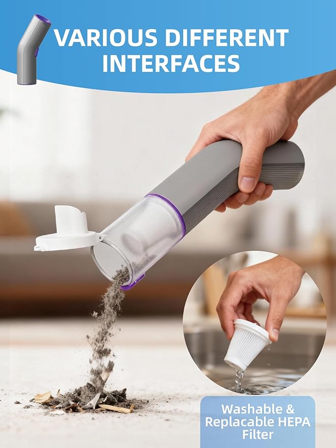 Vogano Handheld Vacuum Cleaner Cordless, 15000Pa High Power, Portable Mini Car Vacuum Air Duster with 2 Suction Modes & Multi-Nozzles for Desk Home Office Pet Hair, Silver