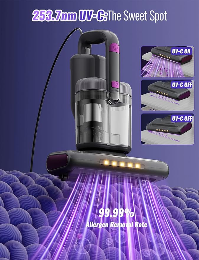 Bed Mattress Vacuum Cleaner New Folding Design - 18 Kpa Cleaner Vacuum with HEPA Filter, 253.7nm UV-C Light and 140°F Heat - Powerful Handheld Vacuums for Bed Couch Crib Carpet