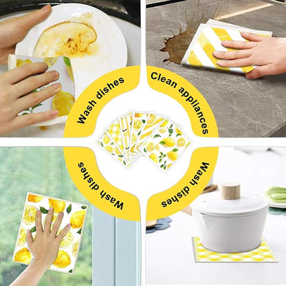 6 Pack Swedish Dishcloths for Kitchen - Reusable Dish Paper Towels Wash Cloths Washable,Absorbent Cellulose Cleaning Sponge Cloth Wipes Quick Dry, Decorative Tea Towels,No Odor Biodegradable(Lemon)