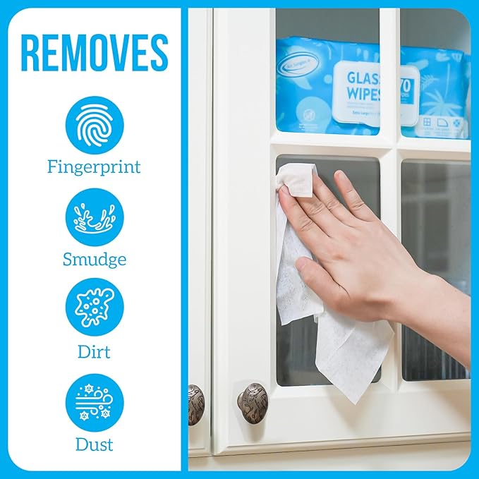 Air Jungles Glass Cleaner Wipes 70 Count, XL 10" x 8" Streak Free Cleaning Wipes for Windows, Mirrors, Car Windshield, Removes Fingerprints, Dust, Dirt, for All Glass Surfaces