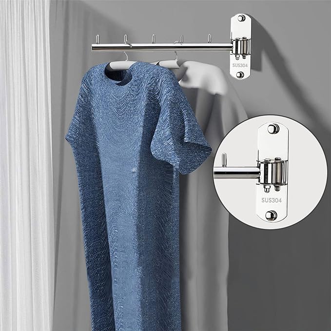 Folding Wall Mounted Clothes Hanger Rack with Swing Arm Stainless Steel Heavy Duty Coat Hook for Bathroom, Bedroom, Laundry Room- Silver