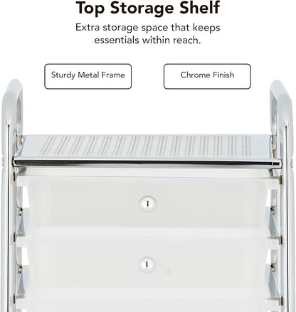 Display By Jack Rolling Storage Cart 10 Drawer Organizer with White Drawers, Slim 36" Chrome Frame, Locking Wheels, and Top Shelf for Office, Classroom, Bathroom, or Craft Storage