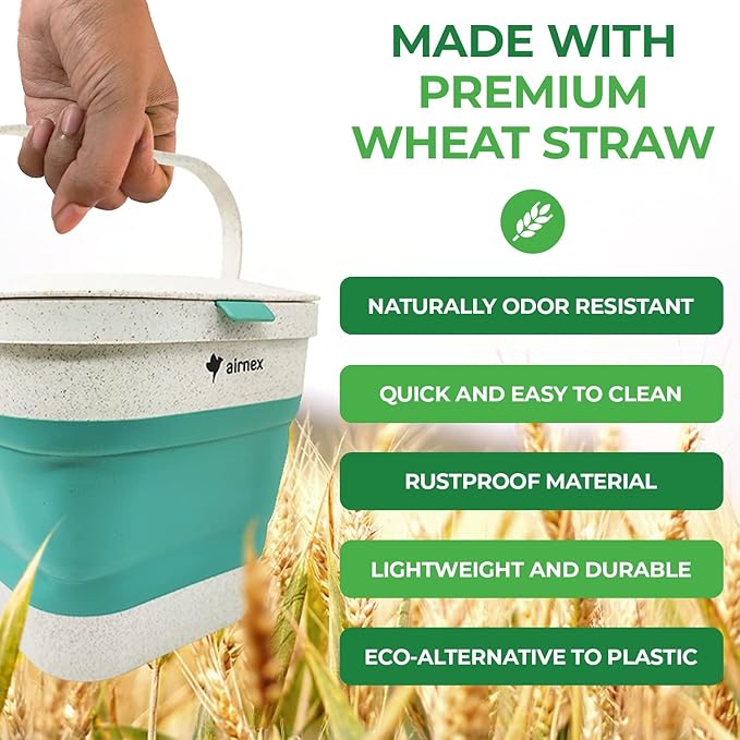AIRNEX Collapsible Small Compost Bin with Lid - 1 Gallon Compost Bucket Food Waste Caddy Made of Wheat Straw - Odorless Counter Top Compost Bin for Kitchen with 20 Compost Bags and 2 Carbon Filters