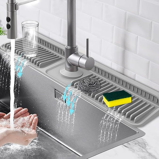 24-Inch Kitchen Sink Splash Guard Mat | 7° Slope for Fast Self-Draining | Snap-Lock Design | Universal & Cuttable Silicone Faucet Mat Gray