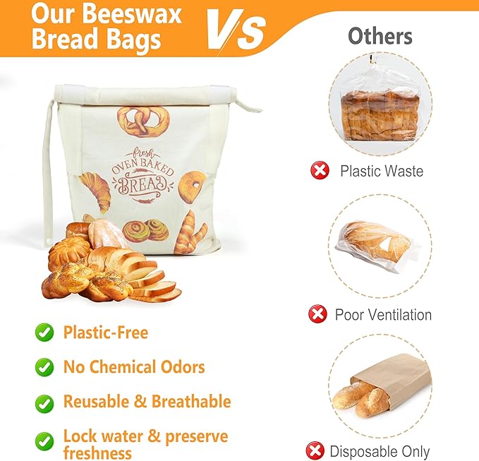 Reusable Beeswax Bread Bags for Homemade Bread Sourdough, 2 Packs of Beeswax Lined Large Space Bags for Sourdough, Keep Homemade Bread Fresh and Flavorful