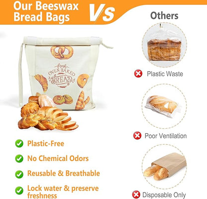Reusable Beeswax Bread Bags for Homemade Bread Sourdough, 2 Packs of Beeswax Lined Large Space Bags for Sourdough, Keep Homemade Bread Fresh and Flavorful