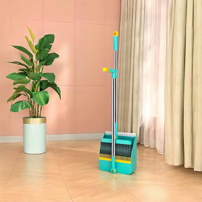 2-in-1 Broom with Dustpan Combo Set,Long Handle Broom Dustpan Combo with Dustpan Teeth to Automatically Clean Hair for Home, Indoor or Outdoor Cleaning Hall Floor (Green)