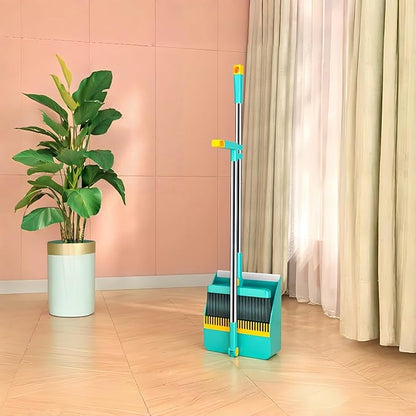2-in-1 Broom with Dustpan Combo Set,Long Handle Broom Dustpan Combo with Dustpan Teeth to Automatically Clean Hair for Home, Indoor or Outdoor Cleaning Hall Floor (Green)