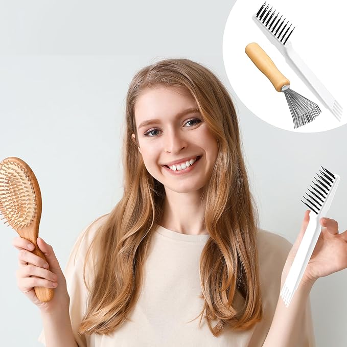 Boao 2 Pieces Hair Brush Cleaning Tool Comb Cleaner Brush Mini Comb Cleaning Hair Remover Tool for Removing Dust Home and Salon Use(White, Wood Color,Polished Wooden Handle Rake)