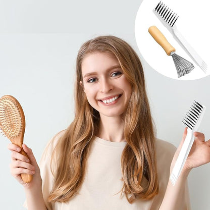 Boao 2 Pieces Hair Brush Cleaning Tool Comb Cleaner Brush Mini Comb Cleaning Hair Remover Tool for Removing Dust Home and Salon Use(White, Wood Color,Polished Wooden Handle Rake)