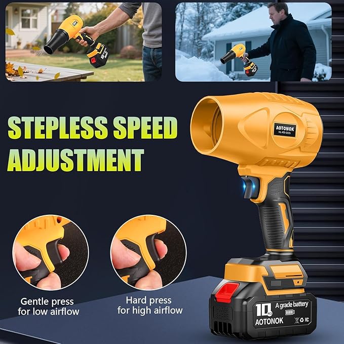 Leaf Blower Cordless, 21V Electric Handheld Leaf Blower with 2×2.0Ah Batteries & Fast Charger, Adjustable Speed, Powerful Airflow, Lightweight for Lawn Care/Yard/Leaves/Dust, Black Yellow