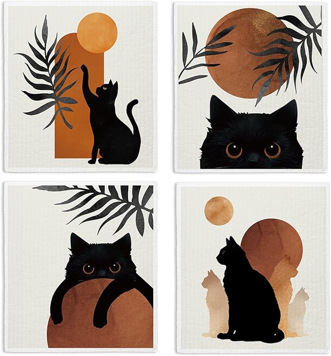 Boho Cat Swedish Dishcloths for Kitchen, Papaya Reusable Paper Towels, 4 Pack Watercolor Dish Towels for Kitchen, Swedish Dish Cloths, Reusable Paper Towels Washable