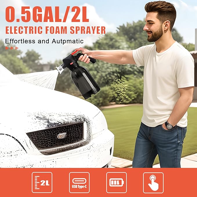 Electric Foam Sprayer for Car Washing, 130 PSI USB Rechargeable Cordless Foam Cannon, 2L Foam Pump Sprayer 2026 New Upgrade Black