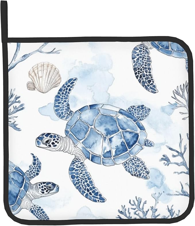 Navy Blue Ocean Sea Turtle Oven Mitts and Pot Holders Sets of 2 Summer Gift for Cooking Enthusiasts Coastal Beach Nautical Coral Kitchen Gloves for Baking BBQ Cooking Grilling Decor