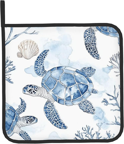Navy Blue Ocean Sea Turtle Oven Mitts and Pot Holders Sets of 2 Summer Gift for Cooking Enthusiasts Coastal Beach Nautical Coral Kitchen Gloves for Baking BBQ Cooking Grilling Decor