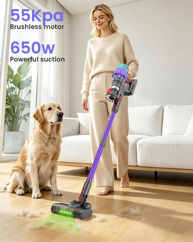 Cordless Stick Vacuum Cleaner, 650W 55KPA Up to 70Min Runtime, Green Light Anti-Tangle Brush, 7-Stage HEPA Filtration, Lightweight for Pet Hair Carpet Hard Floors (Purple)