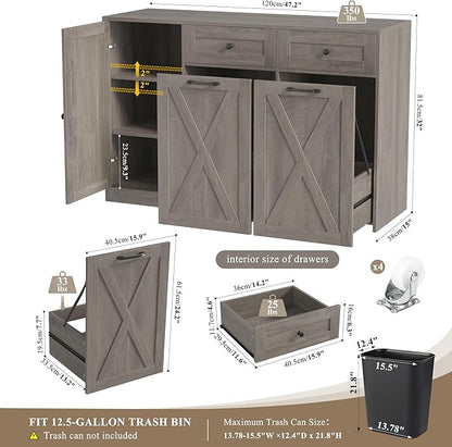 HOSTACK 12.5 Gallon Kitchen Trash Cabinet, 47" Double Trash Can Cabinet, Large Pull Out Can Storage Drawers, Wood Farmhouse Hidden Garbage Storage Buffet for Kitchen, Dining Room, Ash Grey