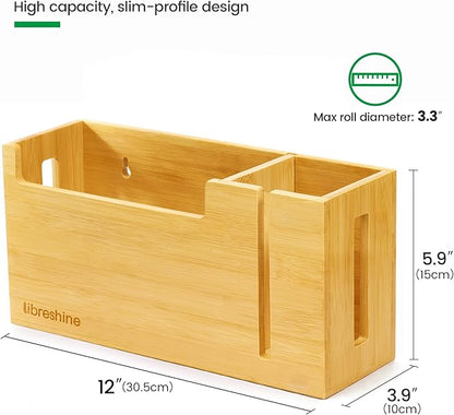 Libreshine Bamboo Trash Bag Dispenser & Holder 1.2–4 Gallon, No-Drill Adhesive Wall Mount & Cabinet Door, Fits Up to 3.3” Diameter Rolls, Mini Garbage Bag Organizer for Kitchen Under Sink