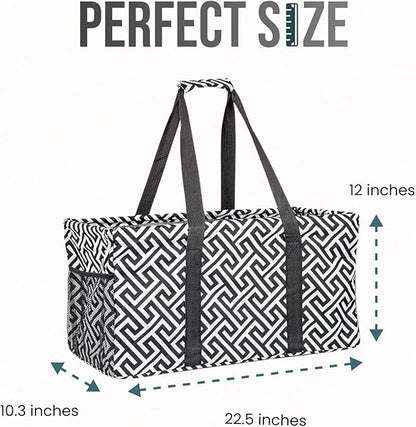 Extra Large Utility Tote Bag - Oversized Collapsible Reusable Wire Frame Rectangular Canvas Basket With Two Exterior Pockets For Beach, Pool, Laundry, Car Trunk, Storage - Geometrc Black